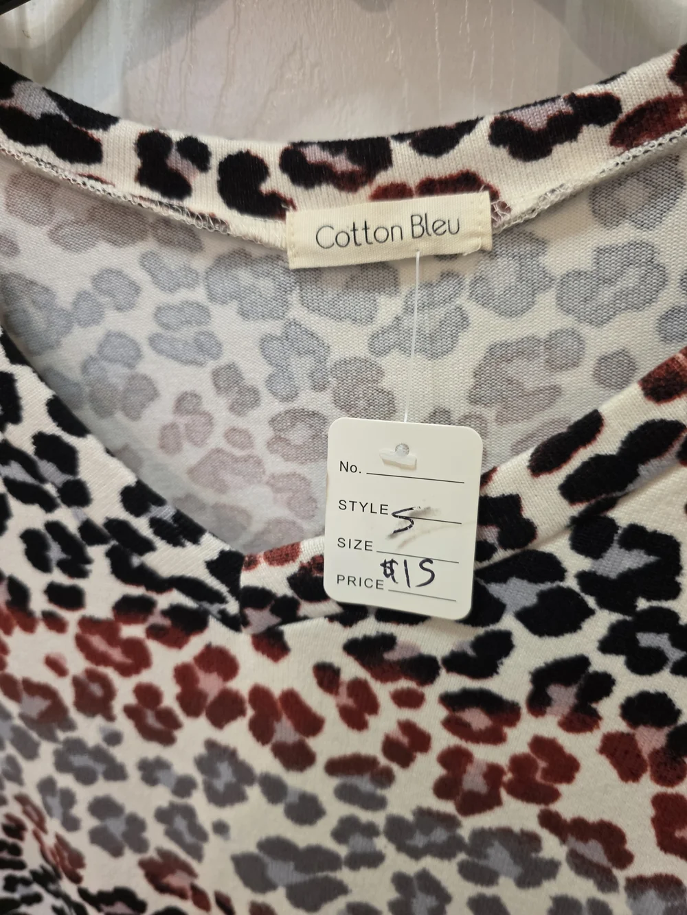 Cotton Bleu Scoop Neck Leopard Print Top - White with Black & Rust